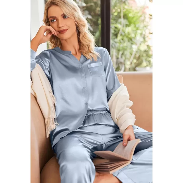 Ekouaer Satin Pajamas Set Womens Long Sleeve Sleepwear Classic Button Down Loungewear Silk Pjs with PocketsLight Blue