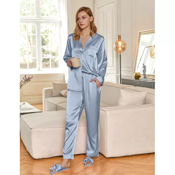 Ekouaer Satin Pajamas Set Womens Long Sleeve Sleepwear Classic Button Down Loungewear Silk Pjs with PocketsLight Blue