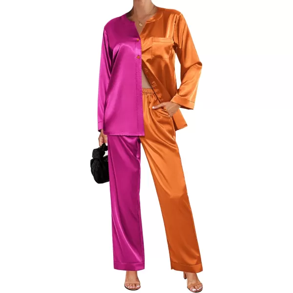 Ekouaer Satin Pajamas Set Womens Long Sleeve Sleepwear Classic Button Down Loungewear Silk Pjs with PocketsPat1rose RedOrange