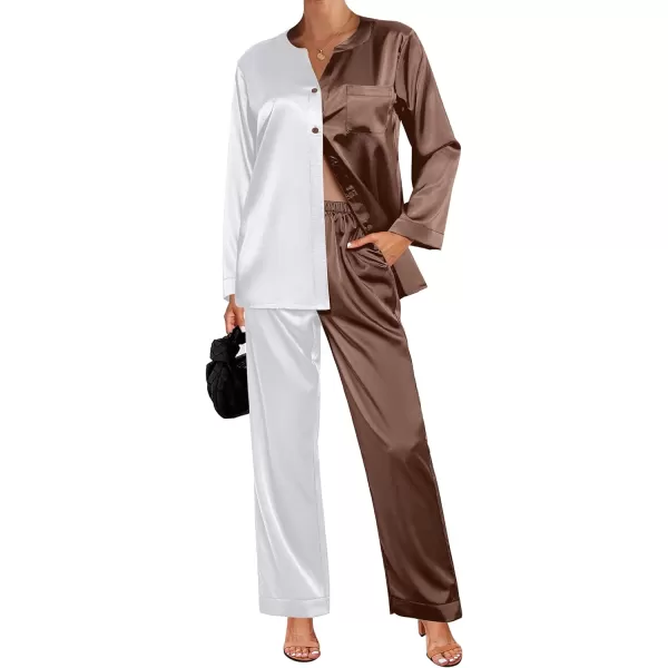 Ekouaer Satin Pajamas Set Womens Long Sleeve Sleepwear Classic Button Down Loungewear Silk Pjs with PocketsPat2whiteBrown