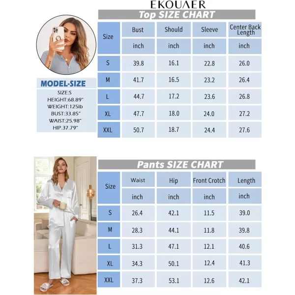 Ekouaer Satin Pajamas Set Womens Long Sleeve Sleepwear Classic Button Down Loungewear Silk Pjs with PocketsPat2whiteBrown