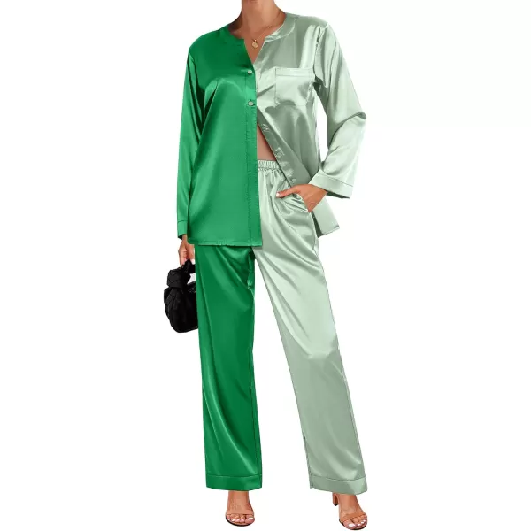 Ekouaer Satin Pajamas Set Womens Long Sleeve Sleepwear Classic Button Down Loungewear Silk Pjs with PocketsPat3green