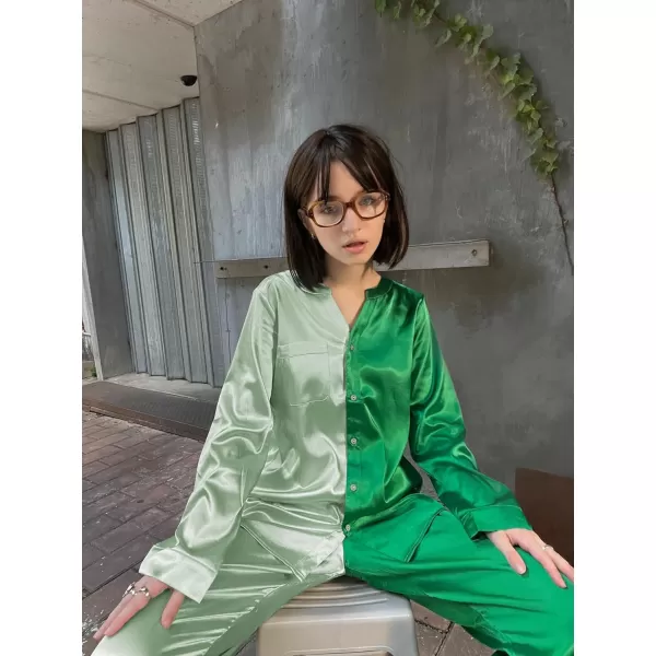 Ekouaer Satin Pajamas Set Womens Long Sleeve Sleepwear Classic Button Down Loungewear Silk Pjs with PocketsPat3green