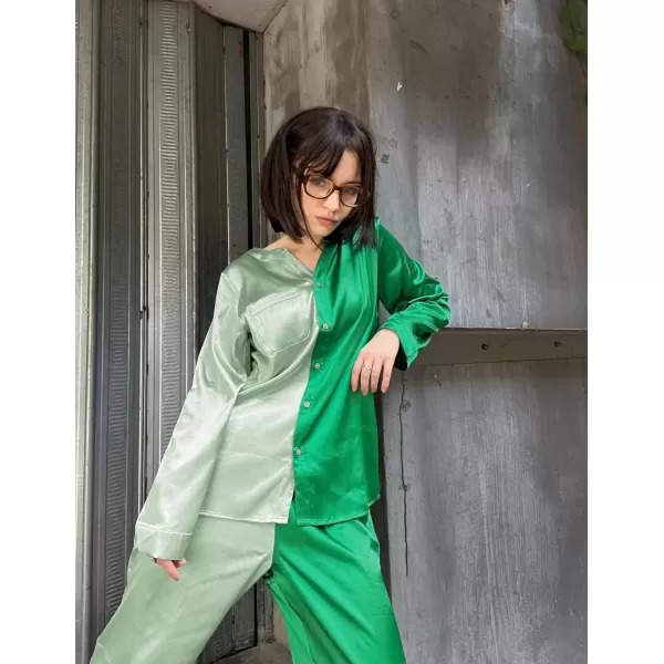 Ekouaer Satin Pajamas Set Womens Long Sleeve Sleepwear Classic Button Down Loungewear Silk Pjs with PocketsPat3green