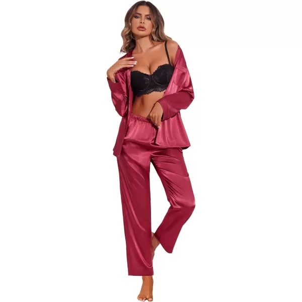 Ekouaer Satin Pajamas Set Womens Long Sleeve Sleepwear Classic Button Down Loungewear Silk Pjs with PocketsWine Red