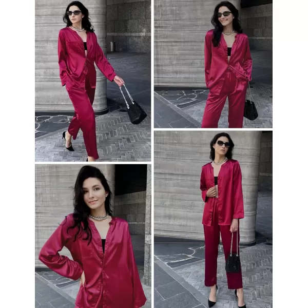 Ekouaer Satin Pajamas Set Womens Long Sleeve Sleepwear Classic Button Down Loungewear Silk Pjs with PocketsWine Red