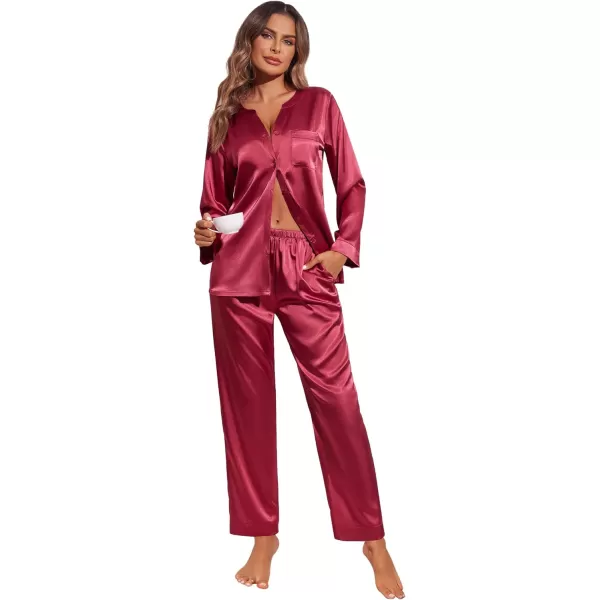 Ekouaer Satin Pajamas Set Womens Long Sleeve Sleepwear Classic Button Down Loungewear Silk Pjs with PocketsWine Red