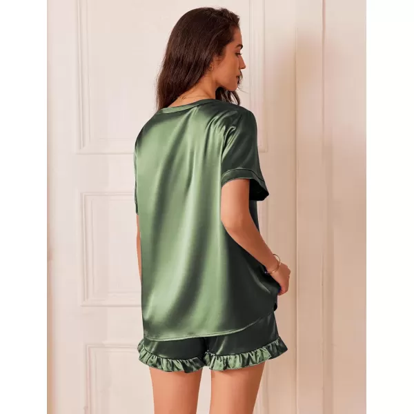 Ekouaer Silk Pajamas for Women Short Sleeve Satin Sleepwear Two Piece Pj Sets with Ruffled Shorts Casual LoungewearAarmy Green