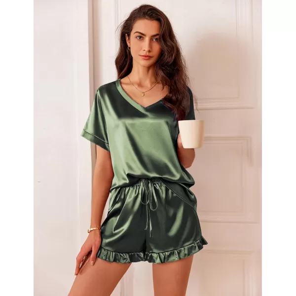 Ekouaer Silk Pajamas for Women Short Sleeve Satin Sleepwear Two Piece Pj Sets with Ruffled Shorts Casual LoungewearAarmy Green