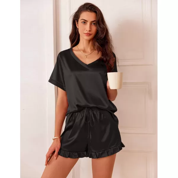 Ekouaer Silk Pajamas for Women Short Sleeve Satin Sleepwear Two Piece Pj Sets with Ruffled Shorts Casual LoungewearAblack