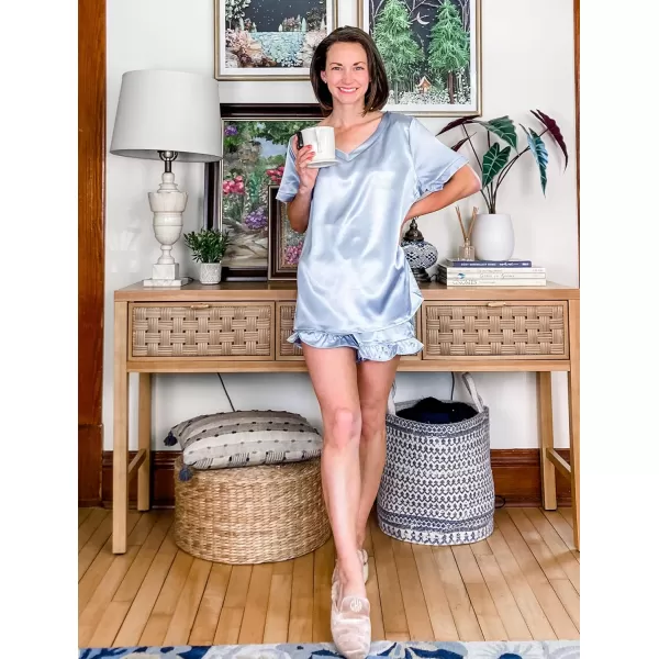 Ekouaer Silk Pajamas for Women Short Sleeve Satin Sleepwear Two Piece Pj Sets with Ruffled Shorts Casual LoungewearAlight Blue