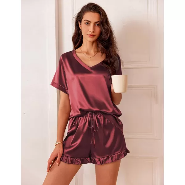 Ekouaer Silk Pajamas for Women Short Sleeve Satin Sleepwear Two Piece Pj Sets with Ruffled Shorts Casual LoungewearAwind Red