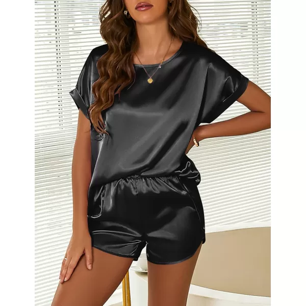 Ekouaer Silk Pajamas for Women Short Sleeve Satin Sleepwear Two Piece Pj Sets with Ruffled Shorts Casual LoungewearZblack