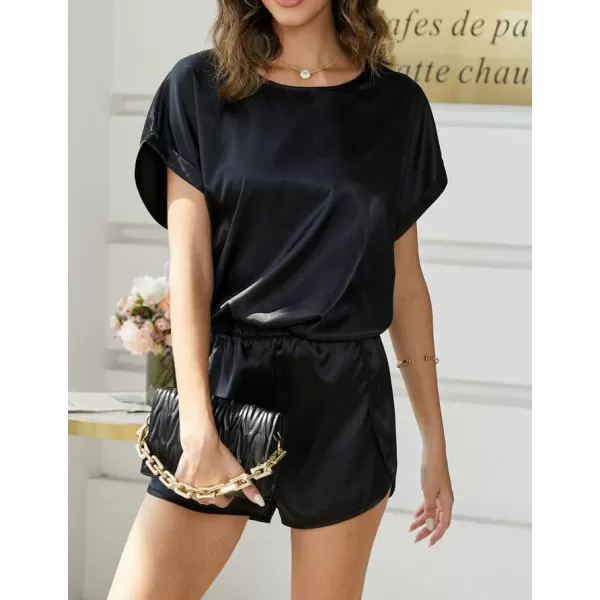 Ekouaer Silk Pajamas for Women Short Sleeve Satin Sleepwear Two Piece Pj Sets with Ruffled Shorts Casual LoungewearZblack