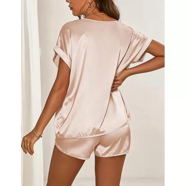 Ekouaer Silk Pajamas for Women Short Sleeve Satin Sleepwear Two Piece Pj Sets with Ruffled Shorts Casual LoungewearZchampagne