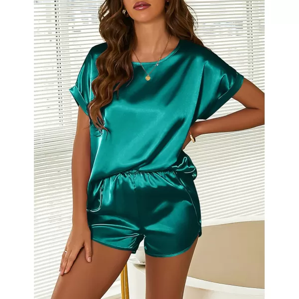 Ekouaer Silk Pajamas for Women Short Sleeve Satin Sleepwear Two Piece Pj Sets with Ruffled Shorts Casual LoungewearZdarkcyan