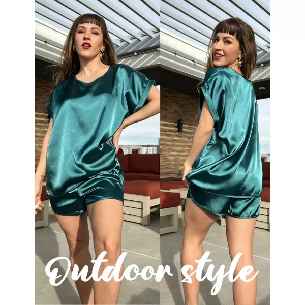 Ekouaer Silk Pajamas for Women Short Sleeve Satin Sleepwear Two Piece Pj Sets with Ruffled Shorts Casual LoungewearZdarkcyan