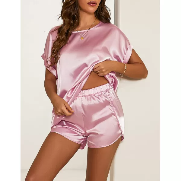 Ekouaer Silk Pajamas for Women Short Sleeve Satin Sleepwear Two Piece Pj Sets with Ruffled Shorts Casual LoungewearZpink