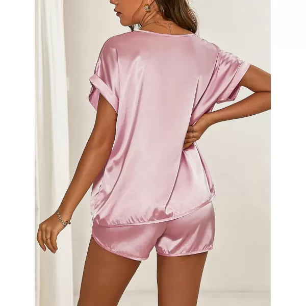 Ekouaer Silk Pajamas for Women Short Sleeve Satin Sleepwear Two Piece Pj Sets with Ruffled Shorts Casual LoungewearZpink