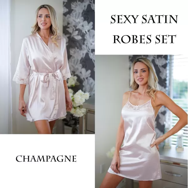 Ekouaer Sleepwear Womens Satin Nightgown with Robes Set 2 Piece Sexy Lace Cami Nightwear01 Champagne