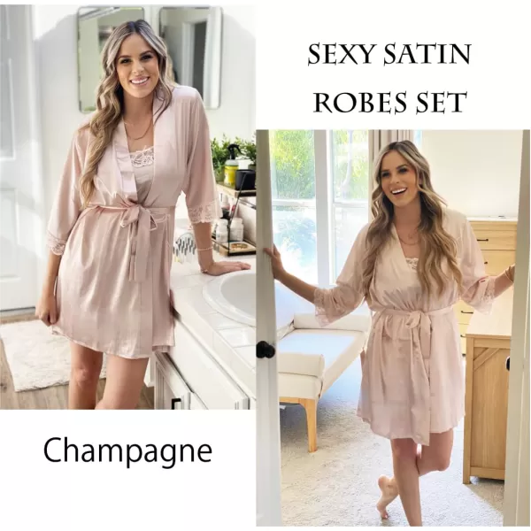 Ekouaer Sleepwear Womens Satin Nightgown with Robes Set 2 Piece Sexy Lace Cami Nightwear01 Champagne