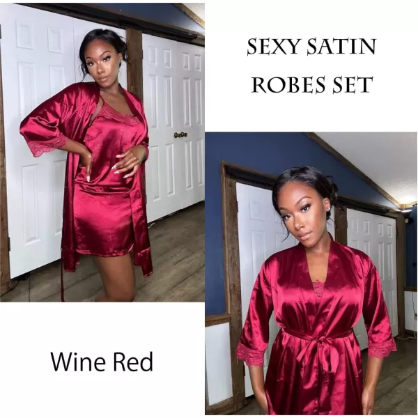 Ekouaer Sleepwear Womens Satin Nightgown with Robes Set 2 Piece Sexy Lace Cami Nightwear01 Wine Red