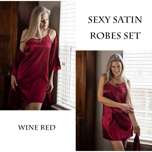 Ekouaer Sleepwear Womens Satin Nightgown with Robes Set 2 Piece Sexy Lace Cami Nightwear01 Wine Red