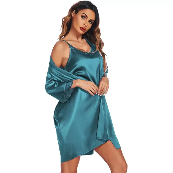 Ekouaer Sleepwear Womens Satin Nightgown with Robes Set 2 Piece Sexy Lace Cami NightwearBlue Green