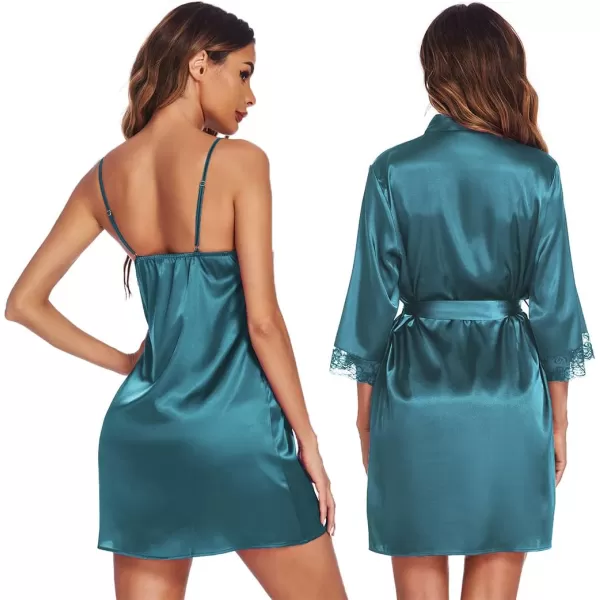 Ekouaer Sleepwear Womens Satin Nightgown with Robes Set 2 Piece Sexy Lace Cami NightwearBlue Green