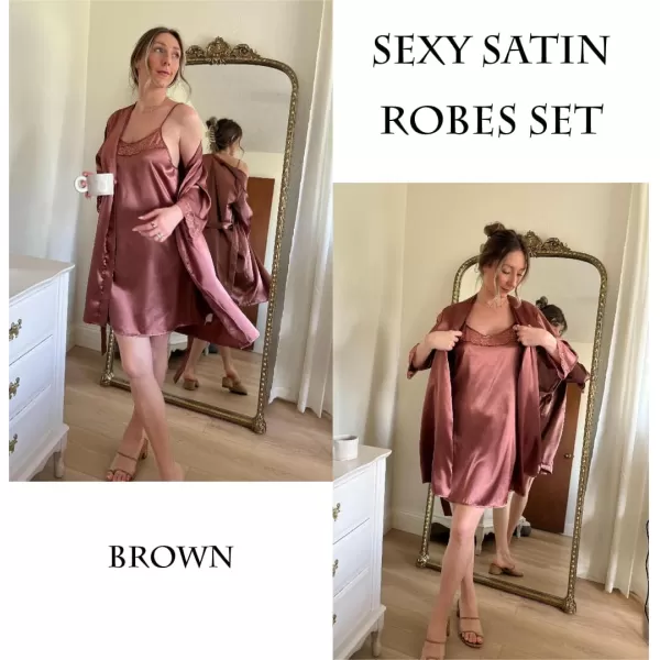 Ekouaer Sleepwear Womens Satin Nightgown with Robes Set 2 Piece Sexy Lace Cami NightwearBrown