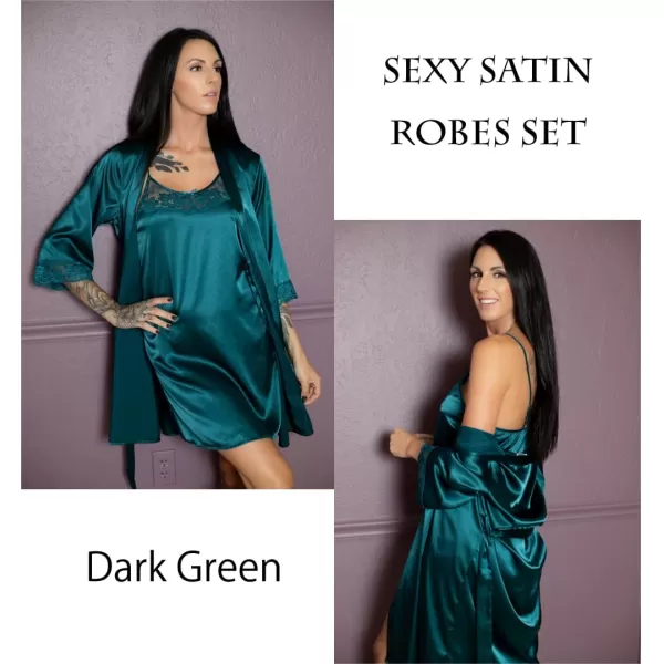 Ekouaer Sleepwear Womens Satin Nightgown with Robes Set 2 Piece Sexy Lace Cami NightwearDark Green