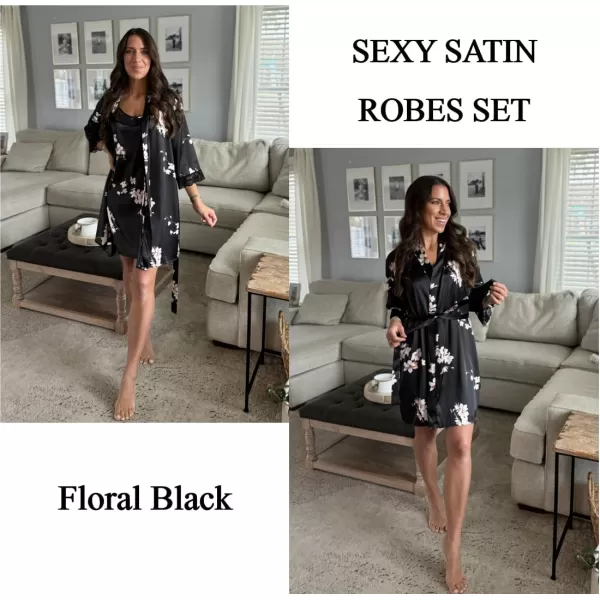 Ekouaer Sleepwear Womens Satin Nightgown with Robes Set 2 Piece Sexy Lace Cami NightwearFloral Black