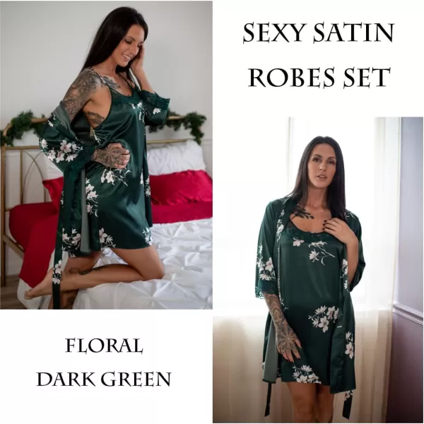 Ekouaer Sleepwear Womens Satin Nightgown with Robes Set 2 Piece Sexy Lace Cami NightwearFloral Dark Green