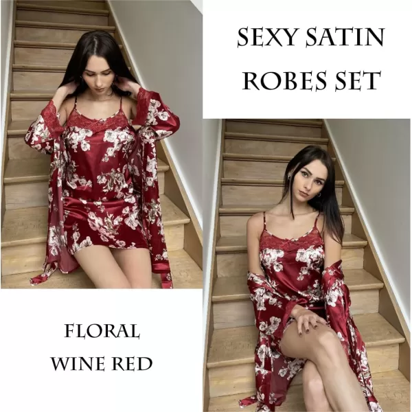 Ekouaer Sleepwear Womens Satin Nightgown with Robes Set 2 Piece Sexy Lace Cami NightwearFloral Wine Red