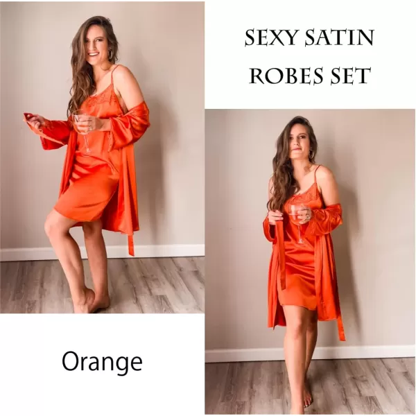 Ekouaer Sleepwear Womens Satin Nightgown with Robes Set 2 Piece Sexy Lace Cami NightwearOrange