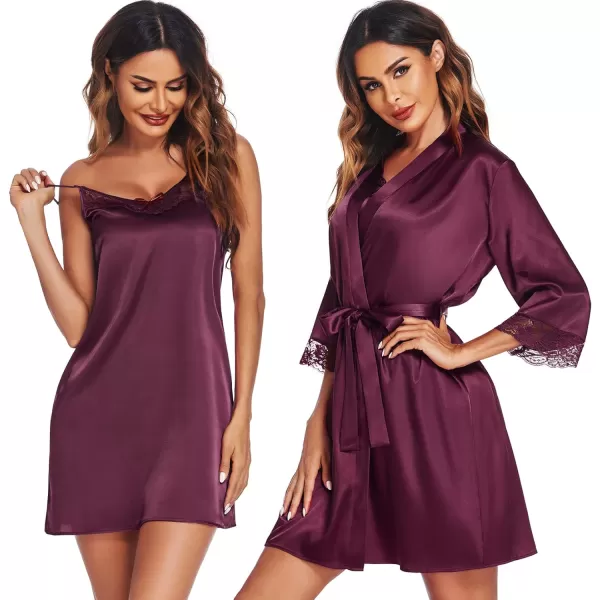 Ekouaer Sleepwear Womens Satin Nightgown with Robes Set 2 Piece Sexy Lace Cami NightwearPlum Red