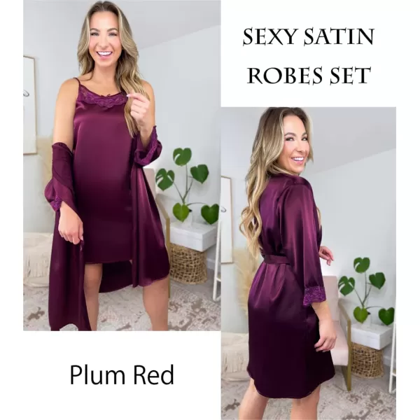 Ekouaer Sleepwear Womens Satin Nightgown with Robes Set 2 Piece Sexy Lace Cami NightwearPlum Red