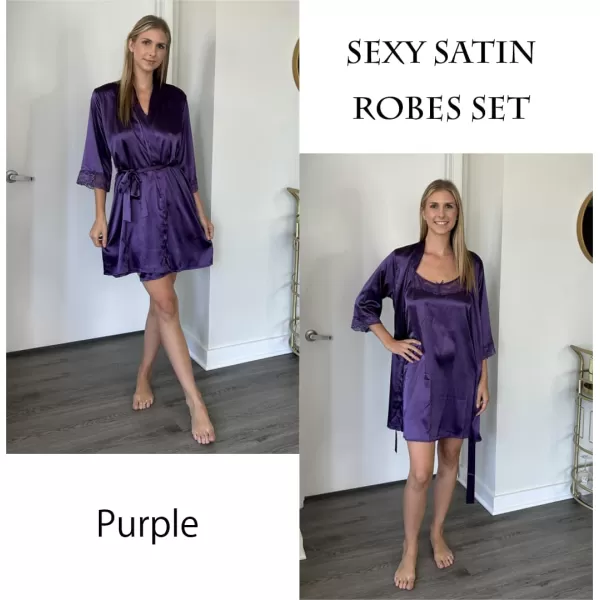 Ekouaer Sleepwear Womens Satin Nightgown with Robes Set 2 Piece Sexy Lace Cami NightwearPurple