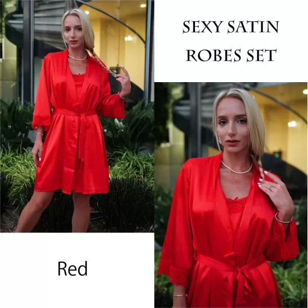 Ekouaer Sleepwear Womens Satin Nightgown with Robes Set 2 Piece Sexy Lace Cami NightwearRed