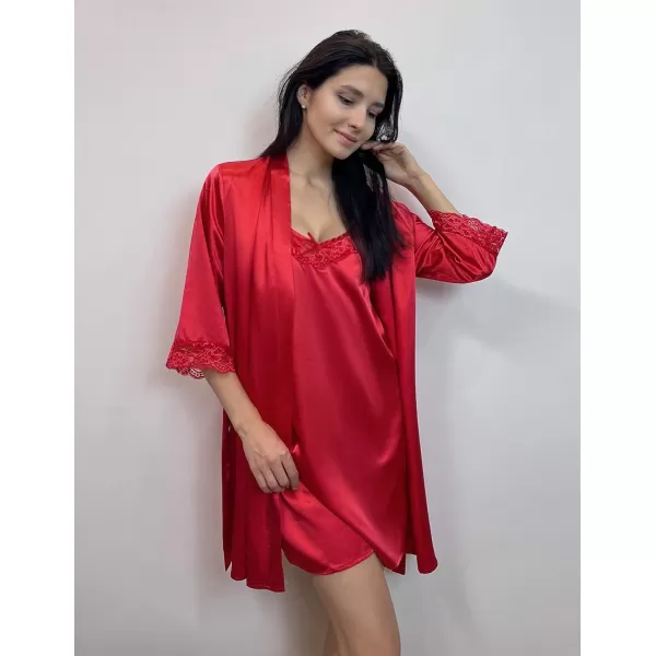 Ekouaer Sleepwear Womens Satin Nightgown with Robes Set 2 Piece Sexy Lace Cami NightwearRed