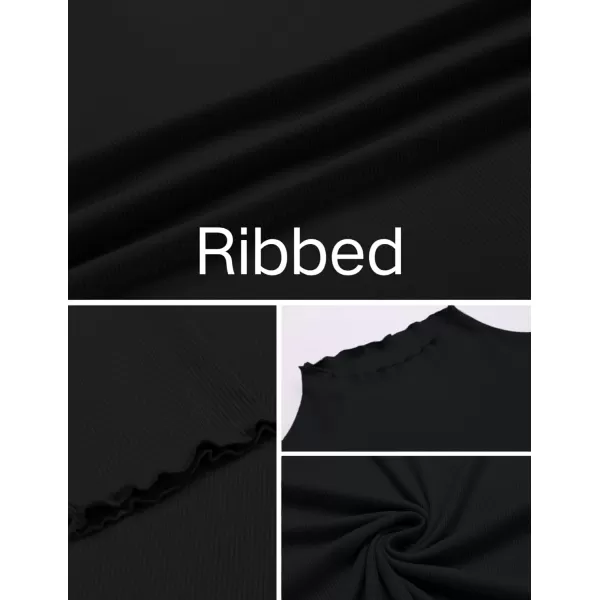 Ekouaer Turtleneck Shirt Women Ribbed Long Sleeve Shirts Lettuce Trim Mock Neck Tops Slim Fit Base LayerBlack
