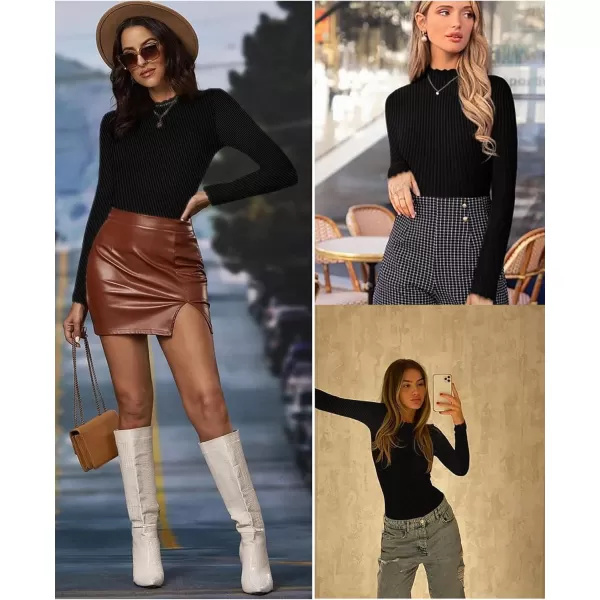 Ekouaer Turtleneck Shirt Women Ribbed Long Sleeve Shirts Lettuce Trim Mock Neck Tops Slim Fit Base LayerBlack