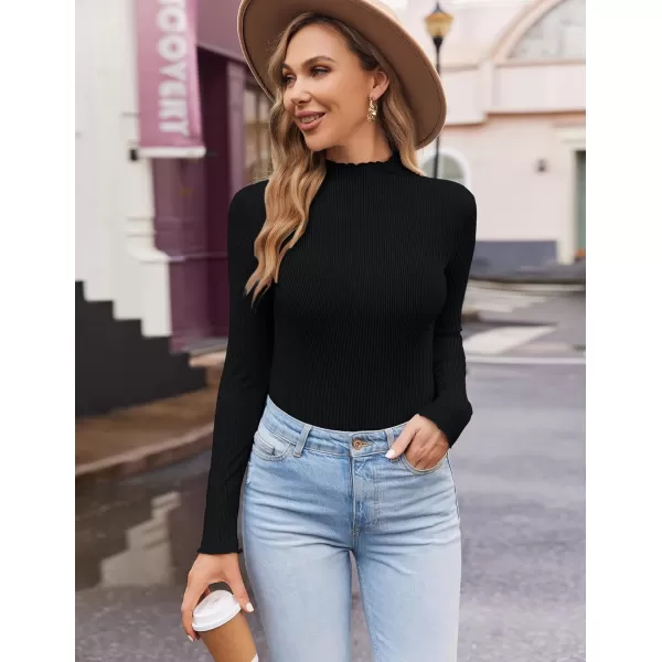Ekouaer Turtleneck Shirt Women Ribbed Long Sleeve Shirts Lettuce Trim Mock Neck Tops Slim Fit Base LayerBlack