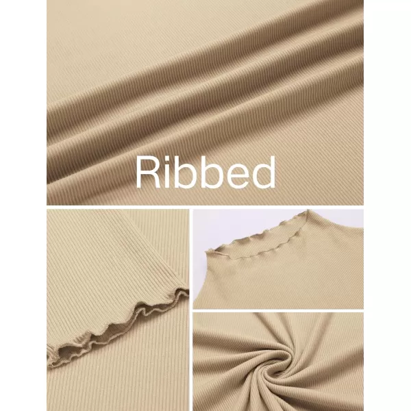 Ekouaer Turtleneck Shirt Women Ribbed Long Sleeve Shirts Lettuce Trim Mock Neck Tops Slim Fit Base LayerBlackBeige