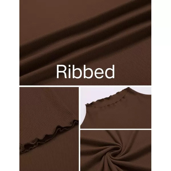 Ekouaer Turtleneck Shirt Women Ribbed Long Sleeve Shirts Lettuce Trim Mock Neck Tops Slim Fit Base LayerBlackBrown