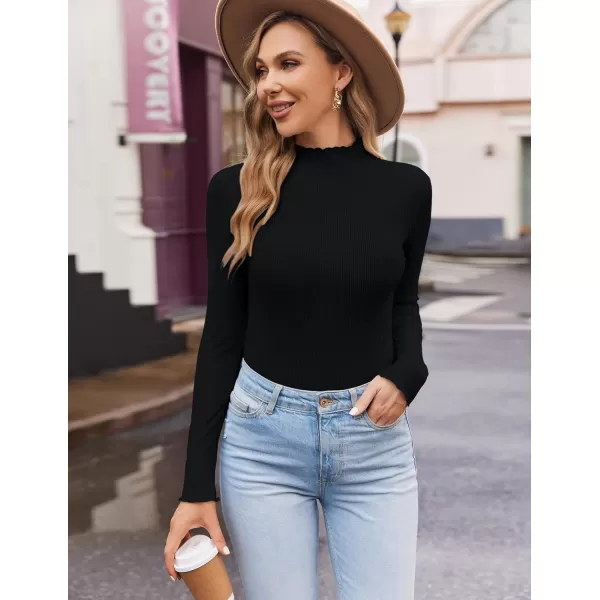Ekouaer Turtleneck Shirt Women Ribbed Long Sleeve Shirts Lettuce Trim Mock Neck Tops Slim Fit Base LayerBlackGrey