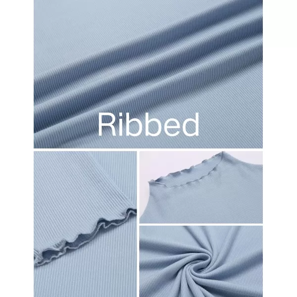 Ekouaer Turtleneck Shirt Women Ribbed Long Sleeve Shirts Lettuce Trim Mock Neck Tops Slim Fit Base LayerBlue