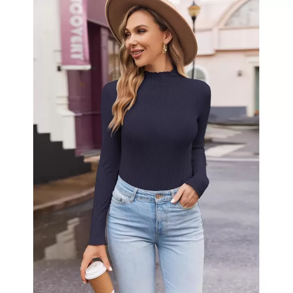 Ekouaer Turtleneck Shirt Women Ribbed Long Sleeve Shirts Lettuce Trim Mock Neck Tops Slim Fit Base LayerBlue Purple