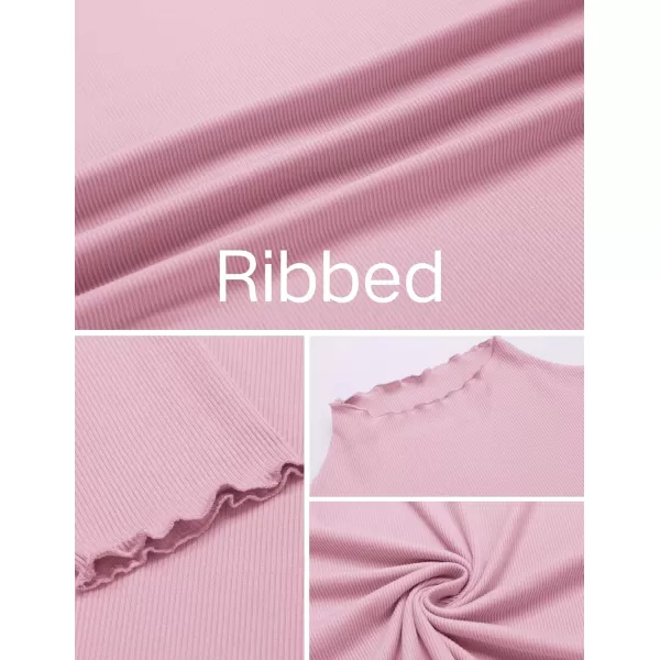 Ekouaer Turtleneck Shirt Women Ribbed Long Sleeve Shirts Lettuce Trim Mock Neck Tops Slim Fit Base LayerPink