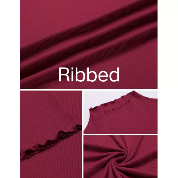 Ekouaer Turtleneck Shirt Women Ribbed Long Sleeve Shirts Lettuce Trim Mock Neck Tops Slim Fit Base LayerRed